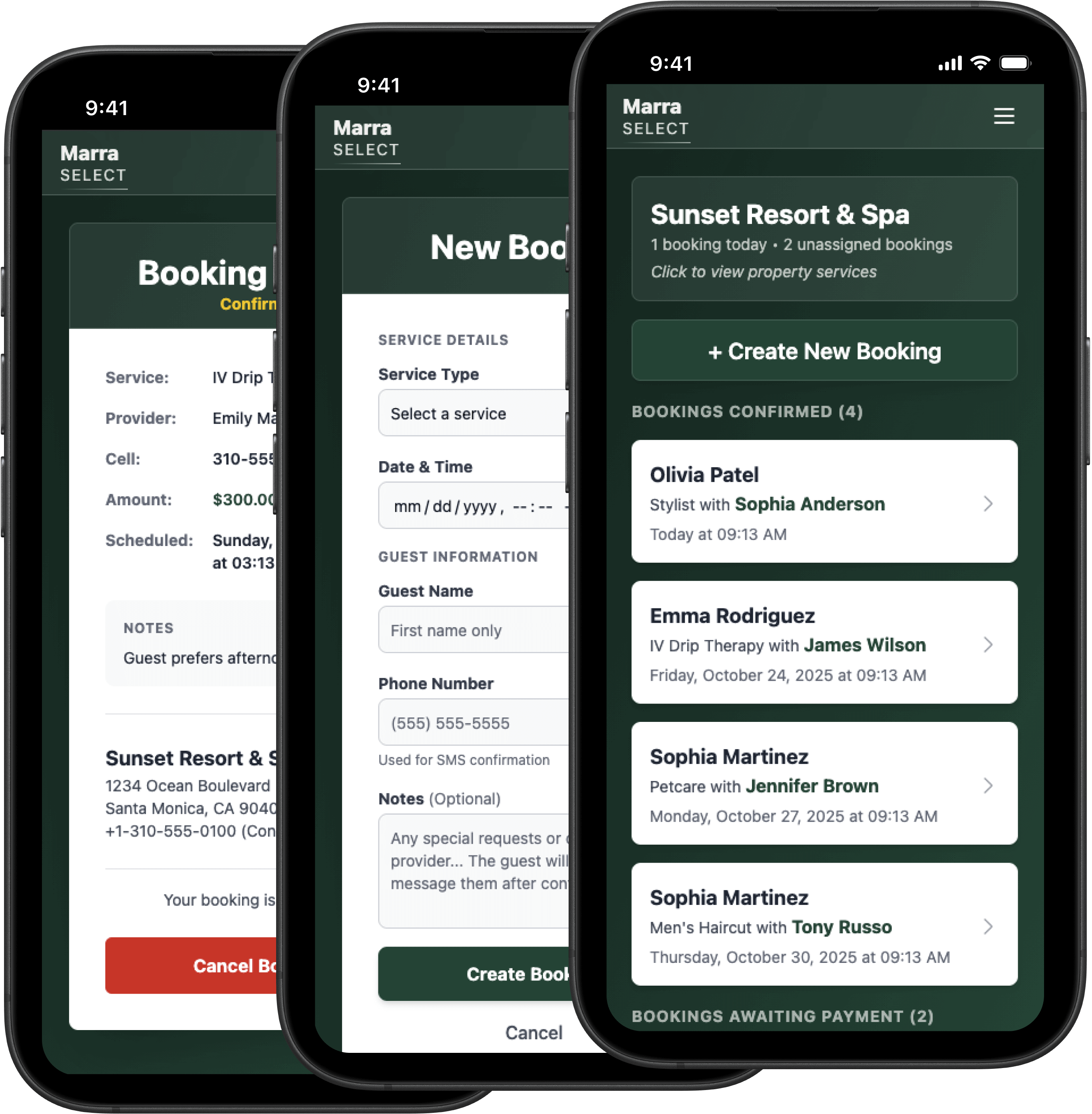 Marra Select interface showing scheduled services